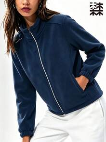 mulinsen Women's Solid Color Fleece Sports Jacket, Stand Collar Zipper Closure With Letter Detail, Warm Fabric, Suitable For Hiking And Fitness - Navy Blue - View 2