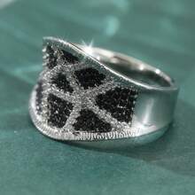 Bohemian Handmade Ring, Inlaid With Synthetic Black Zirconia Silver-Tone Ring Decor, Couple's Matching Rings, Suitable For Engagement, Promise, Wedding Wear, Unisex - Silver - View 3