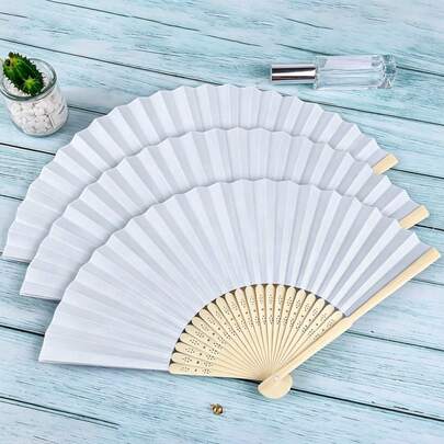 1pc White Paper Folding Fan, Bamboo Handle Hand Fan, White Wedding Folding Fan, DIY Handmade Fan, Portable Party Wedding Supplies, Handheld Fan, Gift Decoration, Party Decoration, Wedding Decoration