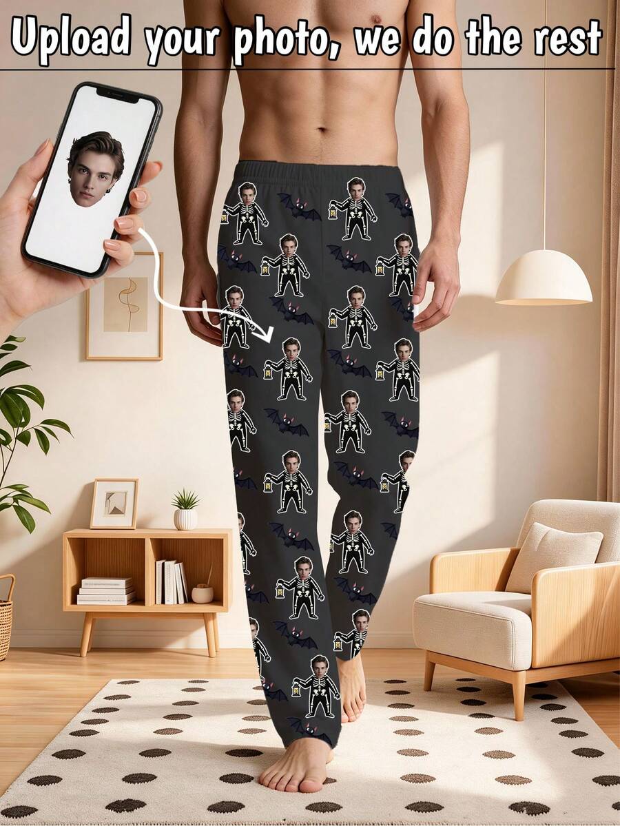 1pc Men's Customized Face Photo Pajama Pants, Personalized Red & White Heart Pattern Lounge Pants, Boyfriend Gift - Multicolor - View 1