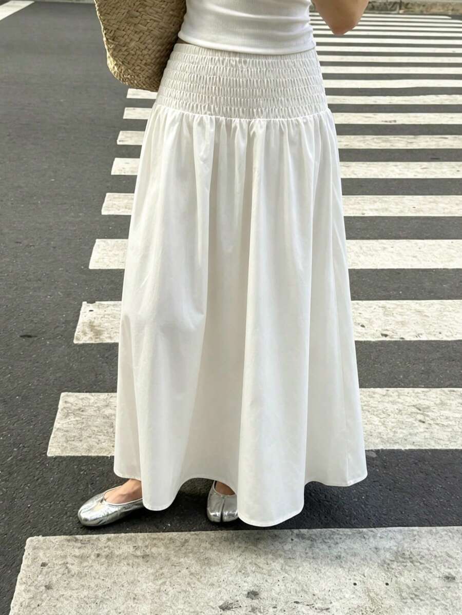 New Autumn Pure White Shirred High Waist A-Line Ankle Length Maxi Skirt, Loose Flowy Full Skirt, Suitable For Daily Street Wear And Comfortable Commuting - White - View 1
