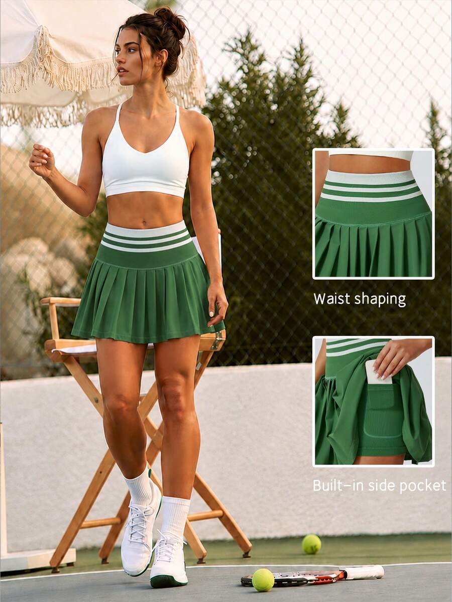Women's Colorblock High Waist Tennis Skirt, Built-In Pockets And Inner Shorts Sports Summer - Green - View 1