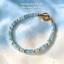 1Pc Handcrafted Cylindrical Tube Bead Aquamarine Natural Stone Bracelet, Pale Blue Translucent Stones, Fresh Minimalist Stackable Jewelry For Women - Aquamarine - View 1