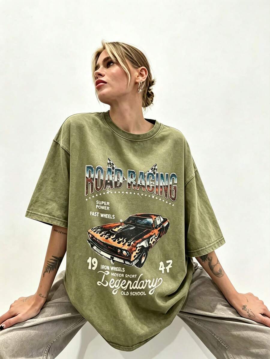 Women's Summer Casual T-Shirt, Y2K Letter & Car Print Round Neck Short Sleeve Crew Neck Tee For Holiday, Vacation, Spring Festival & Graphic Summer - 綠色1 - 查看 1