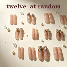 12pcs French Press-On Nails, Rectangular Design, Decorated With Large 3D Gold Glitter, Luxury Y2K Style, Smooth Surface, Full Coverage, Suitable For Women And Girls Daily Wear - Multicolor - View 4