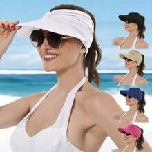 Women UPF50+ Twist Ruched Wide Brim Sun Visor Hat Lightweight Breathable Empty Top Ponytail Cap Outdoor Beach Travel UV Protection Hat - Multicolor - View 2