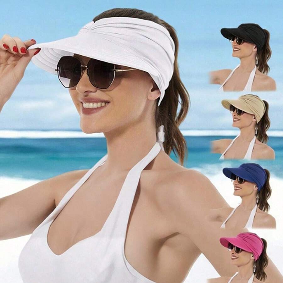 Women UPF50+ Twist Ruched Wide Brim Sun Visor Hat Lightweight Breathable Empty Top Ponytail Cap Outdoor Beach Travel UV Protection Hat
