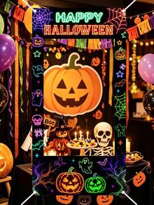 1pc Neon Halloween Polyester Fiber Photo Backdrop, Glowing Ghost Pumpkin Bat Print Photo Frame Prop, Rectangular Photo Frame, Halloween Party Supplies - Multicolor - View 5