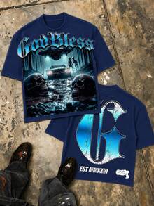 UFO Alien Double Sided Graphic Tee, Oversized 100% Cotton Summer Streetwear For Men, Independence Day Graduation Gift - 藏蓝色 - 查看 14
