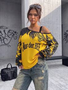 Kaos Panjang Wanita Gaya Jersey Dortmund Kasual dengan Kerah Asimetris dan Renda Warna Kontras, Ukuran Besar, Cocok untuk Pemakaian Sehari-hari dan Kegiatan Musim Gugur/Dingin - Kuning - View 6