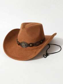 Vintage Suede Cowboy Hat, Unisex, Western Style Wide Brim Rider Hat, With Bronze Long Horn Buckle Strap, Adjustable Windproof Felt Cowboy Hat, Suitable For Horse Riding Festival, Beach Travel And Sun Protection - Suede Eye Gold Bull Head Hat - View 3
