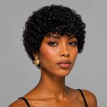 Human Hair Pixie Cut Wig With Bangs For Women- 150% Density Short Curly Wave Wig For Daily Use, Cosplay & Parties, Glueless Hair Wig - Natural Black - View 7