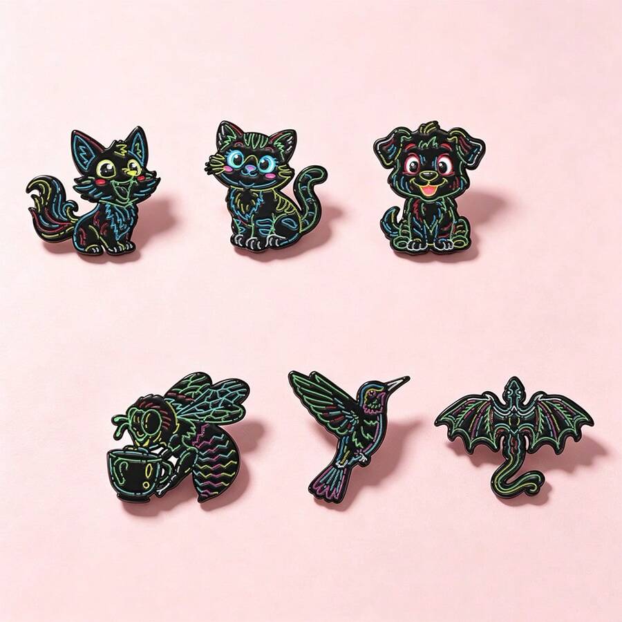 1件霓虹線條黑色底卡通動物琺瑯胸針，貓狗蝙蝠蜜蜂蜂鳥彩色輪廓領飾針，金屬針，適用於夾克包包，禮物