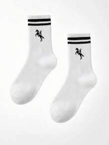 1/5/10 Pairs Unisex Striped Mid-Calf Socks, Soft & Comfortable Horse Pattern Casual Sports Socks, Suitable For Daily Wear Or Outdoor Activities, All Seasons Christmas Gift - Black and White - View 6
