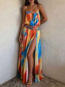 Vestido Maxi Arcoíris Elegante y Sexy sin Tirantes para Mujer, Falda de Cintura Ajustada con Abertura en el Muslo, Vestido de Verano - Azul - Ver 8