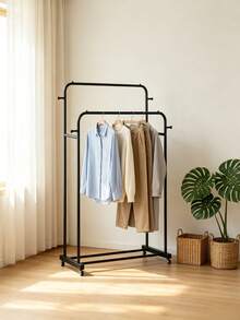 1pc Freestanding Mobile Clothes Rack. Double Hanging Rods Expand Garment Hanging Space. Equipped With A Bottom Storage Shelf And Universal Casters. Suitable For Both Drying And Storage In Bedrooms And Balconies. - A - View 3