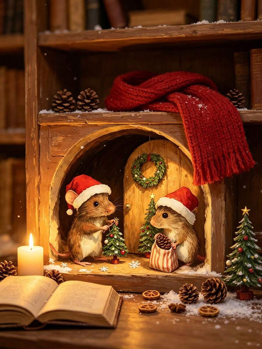 1pc Christmas Mouse Hole Decorative Sticker, Christmas Staircase Sticker, Cute Mouse House Sticker With Wavy Edge And Mouse/Santa Design, Suitable For Christmas Decoration, Holiday Decoration, Wooden Floor, Bedside Corner - Multicolor - View 1
