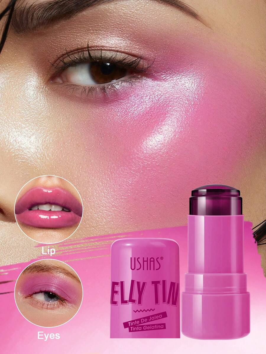 USHAS Jelly Blush, 4 Colors Available, Cute Natural Pink, Long-Lasting Waterproof, Moisturizing, Natural, 3-In-1 Blush Stick For Lips, Eyes, Cheeks, Suitable For All Skin Types