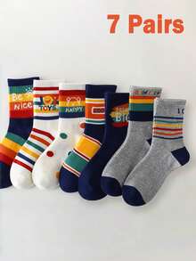 7/14 Pairs Kids Colorful Stripe Polka Dot Letter Print Ribbed Combed Soft Breathable Sweat Wicking Mid Calf Crew Socks Daily Outdoor All Season - Multicolor - View 2