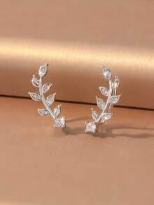 1 Pair Gentle Willow Leaf Shaped Single Diamond Curved Hoop Earrings, Suitable For Women's Dating, Outing And Gifting - Willow Leaf - View 11