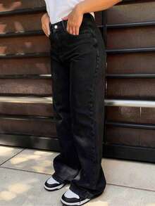 Teen Girls Pocketed Straight Loose Casual Versatile Jeans - Black - View 5