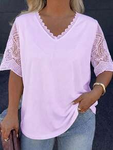 Plus Size Lace Patchwork T-Shirt Casual Summer - Mauve Purple - View 5