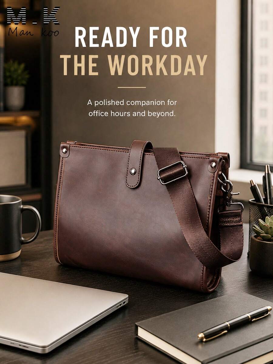 Laptop Messenger Bag Vintage Brown PU Textured Leather Briefcase Crossbody Shoulder Bag Large Capacity Horizontal Business Office Daily Commute Men - Coffee Brown - View 1