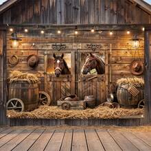 2D Flat Cowboy Horse Racing Theme, Vintage Stable Style, Includes Wooden Fence, Cowboy Hat, Haystack, Vintage Carriage Wheel, Suitable For Indoor And Outdoor Themed Events, Can Be Used As Wall Decor, Photo Backdrop, Home Decoration, Outdoor Party - 1 - View 10