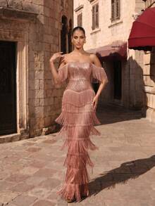 LOVE&LEMONADE Gold Cold Shoulder Sequin Tassel Long Evening Gown Wedding Dress - Gold - View 1