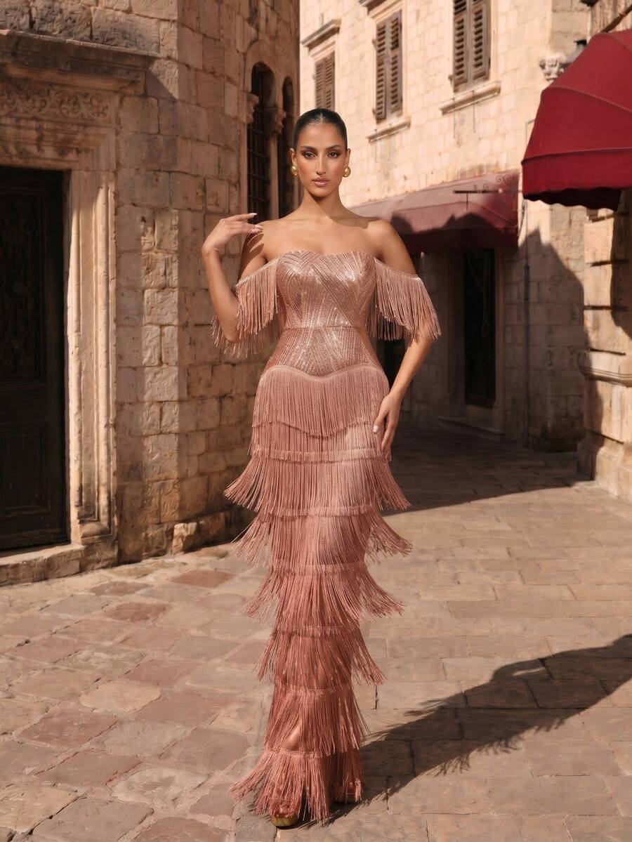 LOVE&LEMONADE Gold Cold Shoulder Sequin Tassel Long Evening Gown Wedding Dress - Gold - View 1