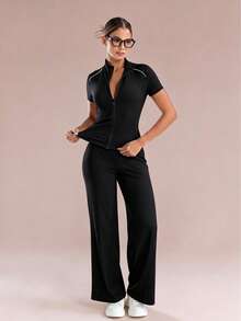 YZMJAFU Women's 2-Piece Yoga Set, Short Sleeve Zip-Up Jacket & High-Waisted Wide Leg Pants, Slim Fit Gym Workout Casual Outfit - Black - View 12