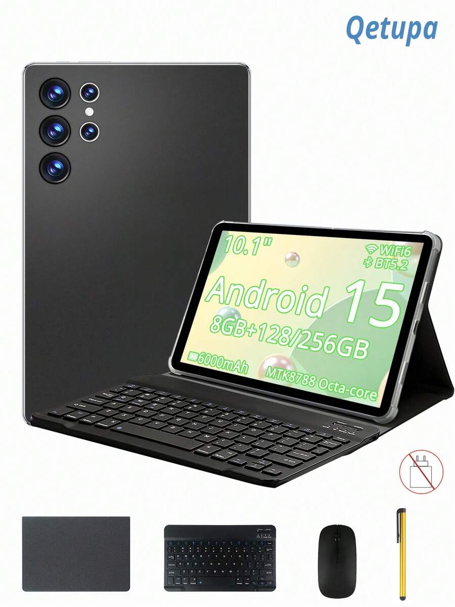 Qetupa 10.1 吋 Android 平板電腦，附保護殼、鍵盤、滑鼠與觸控筆，8GB RAM + 128GB/256GB ROM（支援 1TB 擴充），1280x800 觸控螢幕，5MP 前置相機與 13MP 後置相機，6000mAh 電池（不支援 SIM 卡，不含電源適配器） - 黑色 - 查看 1