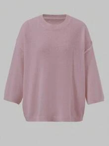 Vintage, Elegant, Minimalist All-White Round Neck 3/4 Sleeve Mohair Sweater, Suitable For Autumn, Christmas, And New Year Occasions - Pink - View 9