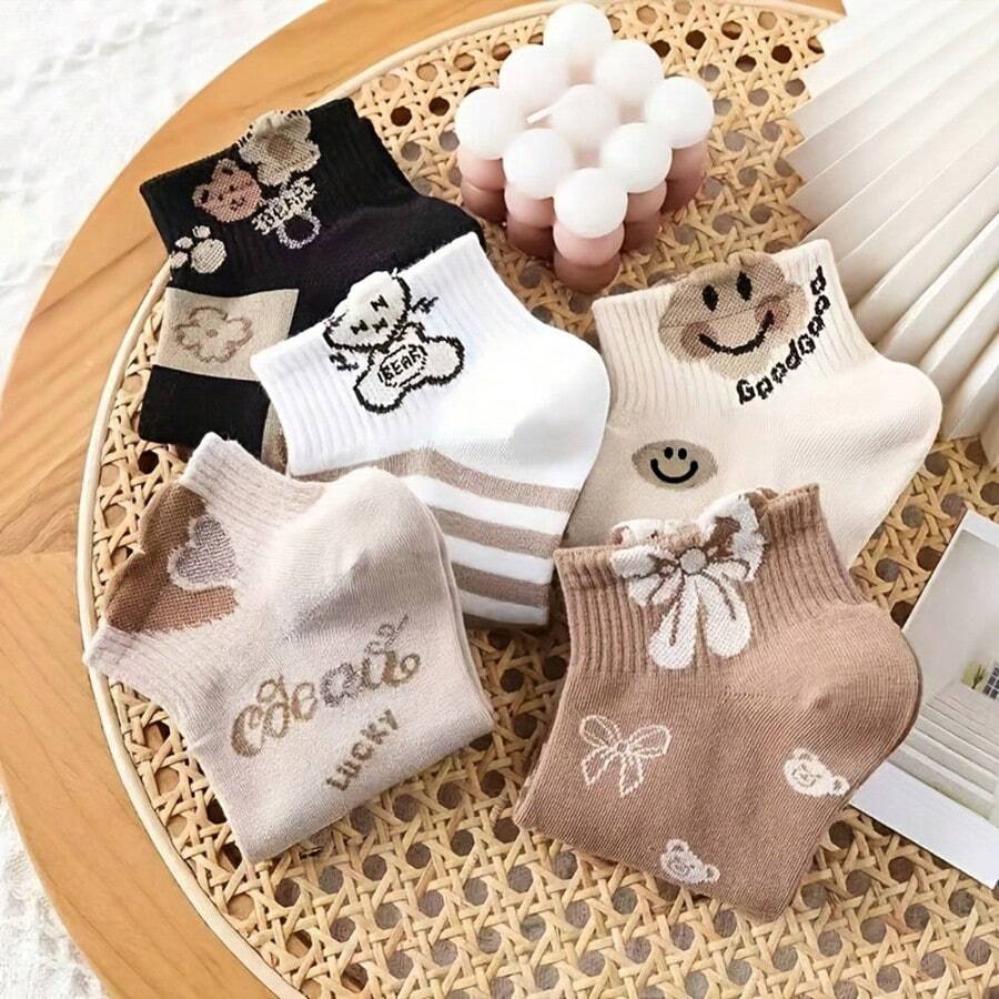 5 Pairs Mixed Women's Short Socks, Beige & Brown Color Palette, Featuring Bear & Smiling Face Print Patterns, 5 Cute Designs, Made Of Soft Ribbed Fabric, Breathable & Comfortable, Minimalist Versatile Style, Suitable For Daily Wear - Multicolor - View 1