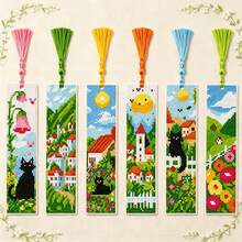 6pcs Beginner Cross Stitch Bookmark Full Material Kit, Fresh Pastoral Style Black Cat Town Landscape Print, DIY Handmade Colorful Tassel, Stress Relief Artistic Creative Gift - Multicolor - View 13