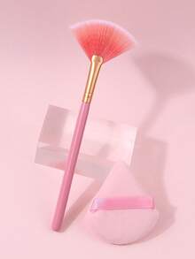 2PCS Pink Fan Highlight&Makeup Puff Set,For Precise Cheek Highlight & Blush,Full Face Setting & Powder Application - Pink - View 5