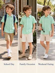 Young BoyClassic Casual School Style White Short Sleeve Shirt, Formal Occasion, Party, Performance Outfit - Mint Green - View 4