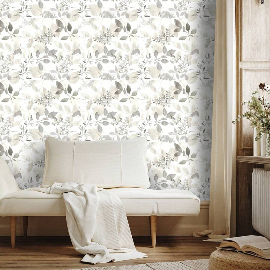 Papel de Parede Adesivo Folha Cinza Claro Escandinavo, Papel de Contato Autoadesivo Botânico Minimalista, Decoração de Parede PVC Removível à Prova d'Água para Banheiro, Sala de Estar, Renovação de Armário, Decoração de Casa Amigável para Inquilinos 1 Rolo 45x100/200/300/500cm