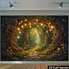 1 Peça Banner Plano 2D Bottom de Floresta Mágica com Arco de Videira e Caminho de Seixos, Design de Cogumelo e Luz Estelar, Adequado para Bottom de Banner de Celebração de Aniversário e Decoração de Quarto - 1 - Visão 6