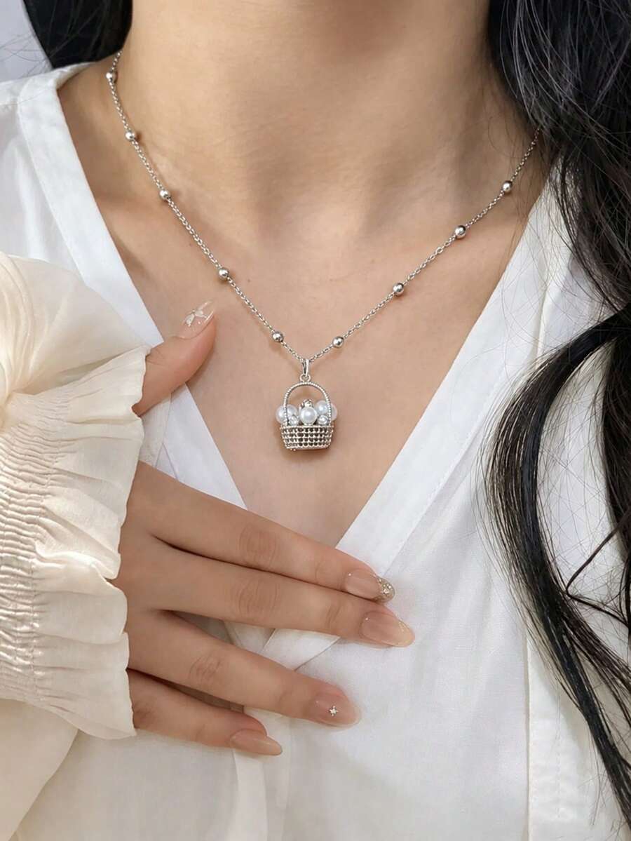 1pc Gold Plated Cubic Zirconia Pearl Flower Basket Pendant Necklace, Exquisite Cute Flower Basket Pendant Chain, Suitable For Women Daily Wear, Office, Party, Birthday - Pearl Flower Basket Necklace - View 1
