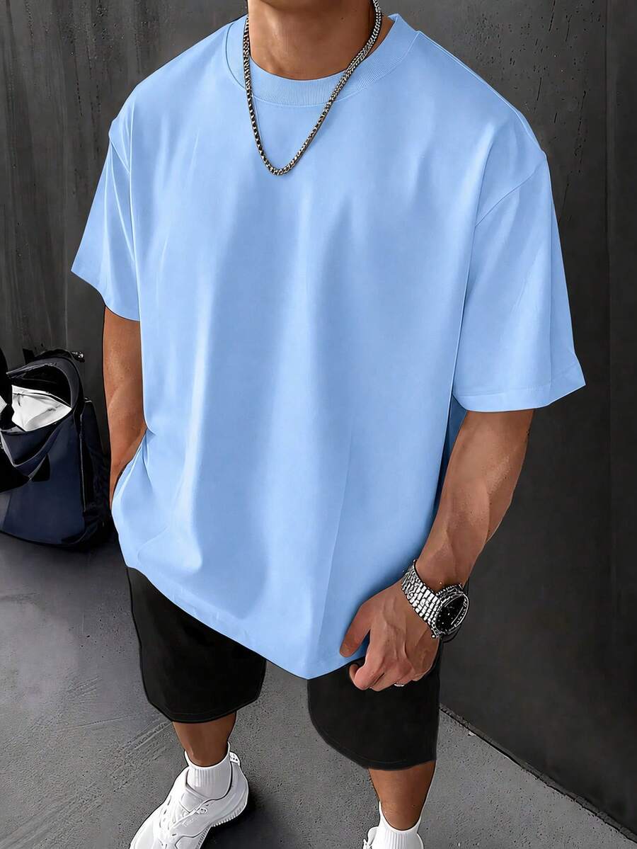 Essential Comfort Tee, Oversized Soft Breathable Cotton, Relaxed Weekend Loungewear Shirt For Men - 淺藍色 - 查看 1