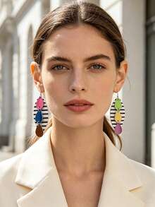 1 Pair European & American Style Geometric Patchwork Earrings For Women, Color Block Striped Round Disc Pendant Earrings, Personalized Exaggerated Versatile Jewelry - Handmade Earrings - View 3