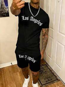 Men's Fashion Los Angeles Print Short Sleeve T-Shirt And Shorts 2-Piece Casual Outfit, Summer - Black - View 1