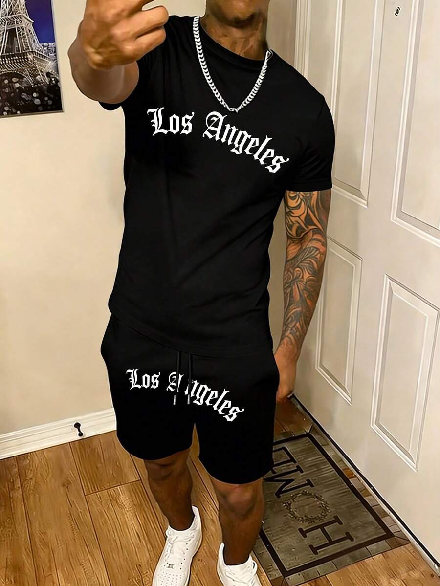Men's Fashion Los Angeles Print Short Sleeve T-Shirt And Shorts 2-Piece Casual Outfit, Summer - Black - View 1
