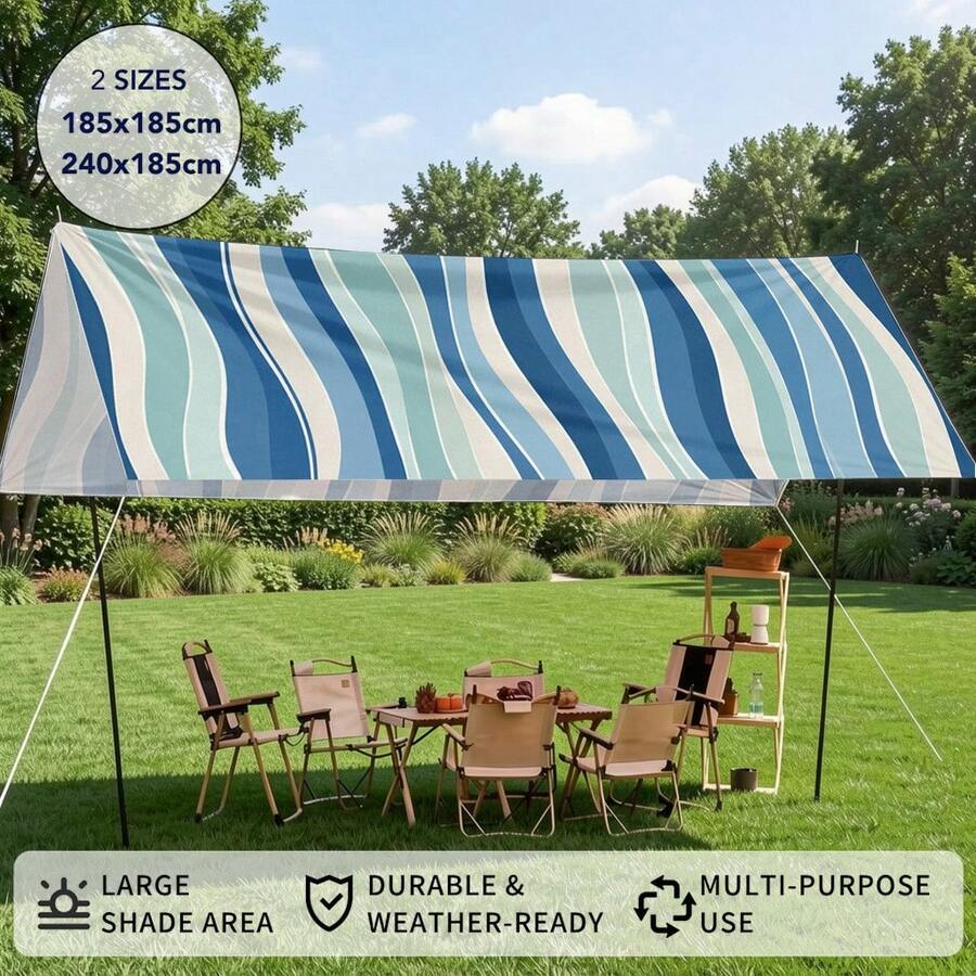 1pc Blue & White Striped Pattern Sun Shade Sail, Large Size Outdoor Sun Protection Canopy, Modern Printed Awning For Garden Patio Yard Decoration, Includes Fixing Ropes - Multicolor - View 1