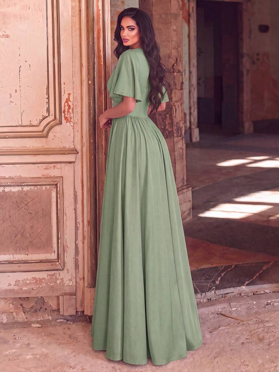 Faeriesty Elegant V-Neck Dress With Flowing Sleeves, Cinched Waist And High Slit - Fall Wedding - Army Green - View 1