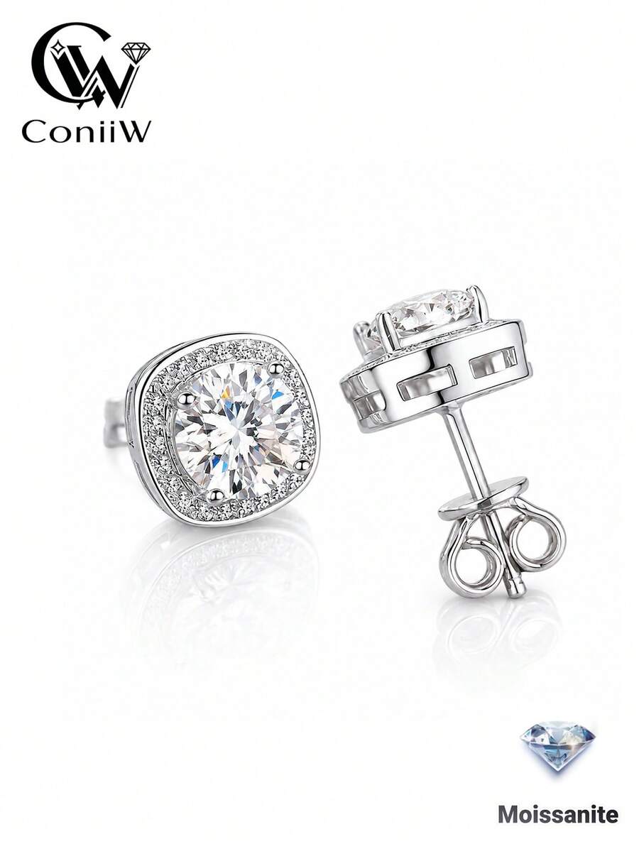 ConiiW 1 Pair 925 Sterling Silver Earrings: 1 Carat/2 Carat Lab-Created Moissanite - Square/Round Cut (Fashionable Vintage Versatile)