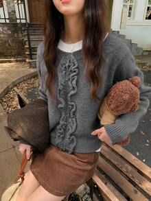 Cardigan Sweater Wanita Gaya Korea INS Leher Bulat Rajutan Kabel Desain Plaket 2 In 1 Atasan Kasual Serbaguna Musim Gugur/Musim Dingin - Grey - View 4