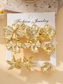 2-10PCS Gilded Flower & Starfish Gold Earrings Set - Gold - View 2