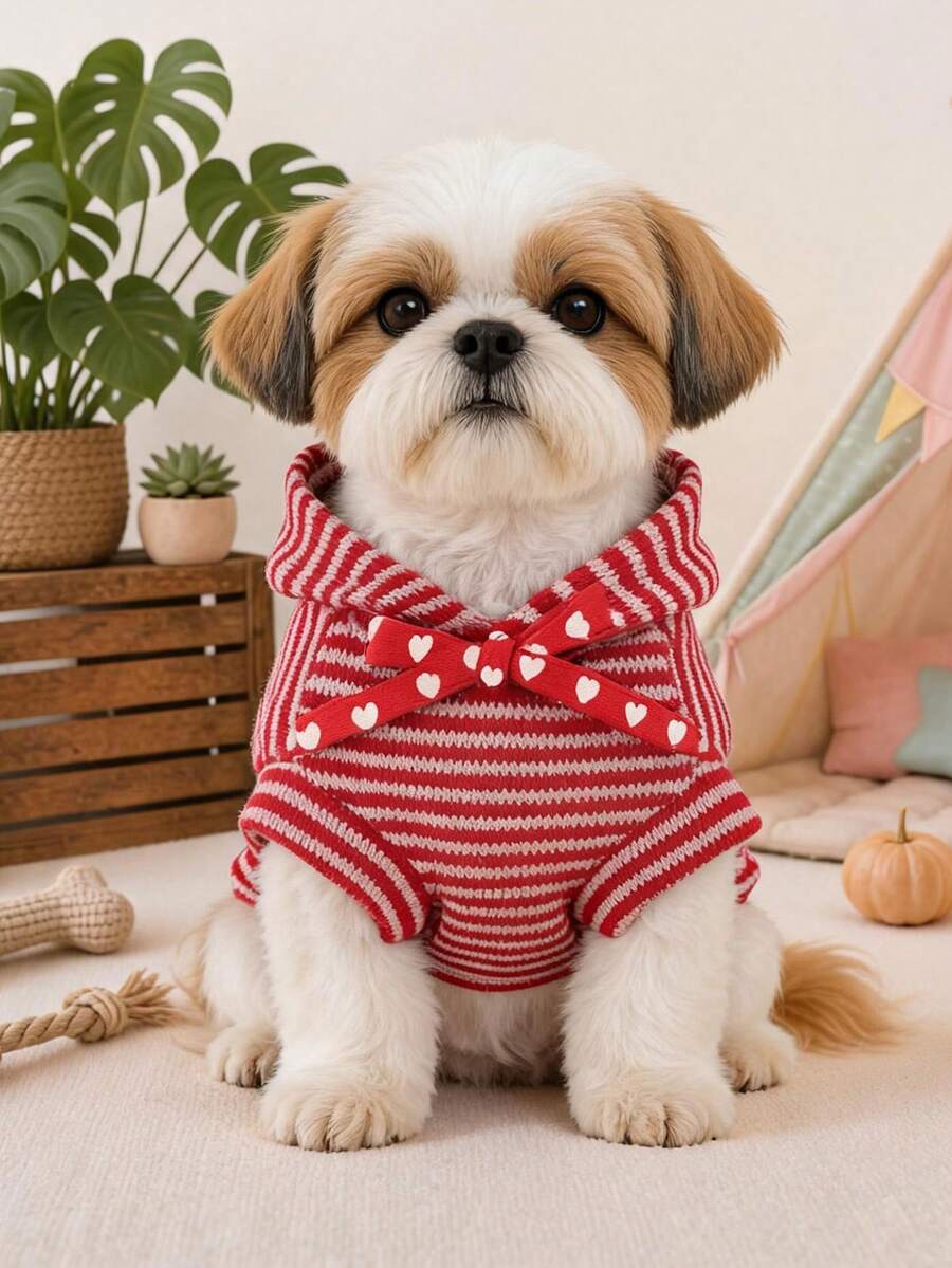 PETCIRCLE 1件寵物衣服 小狗幼犬貓用 可愛寵物極簡純色百搭防風保暖紅白條紋毛球帽毛衣 - 彩色 - 查看 1
